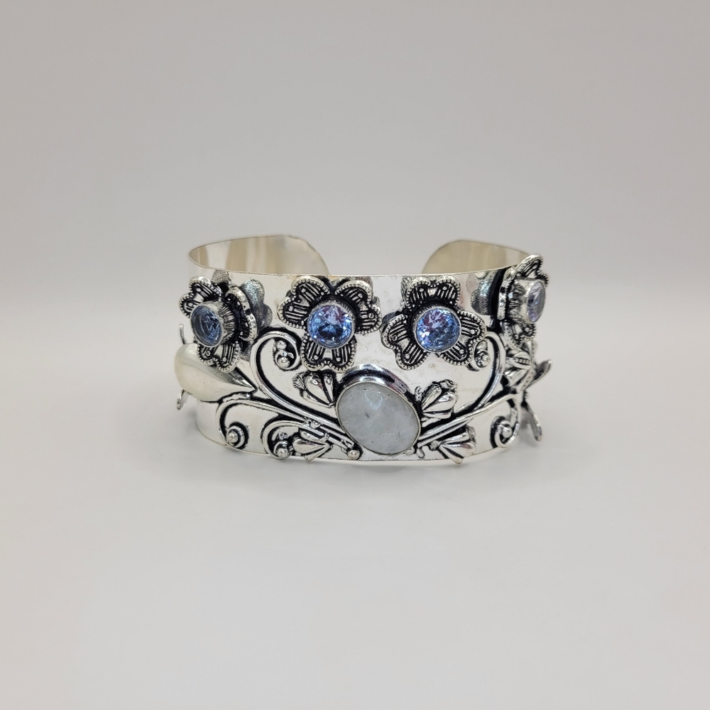Artisan Made 925 Sterling Silver Floral & Butterfly Cuff Bracelet